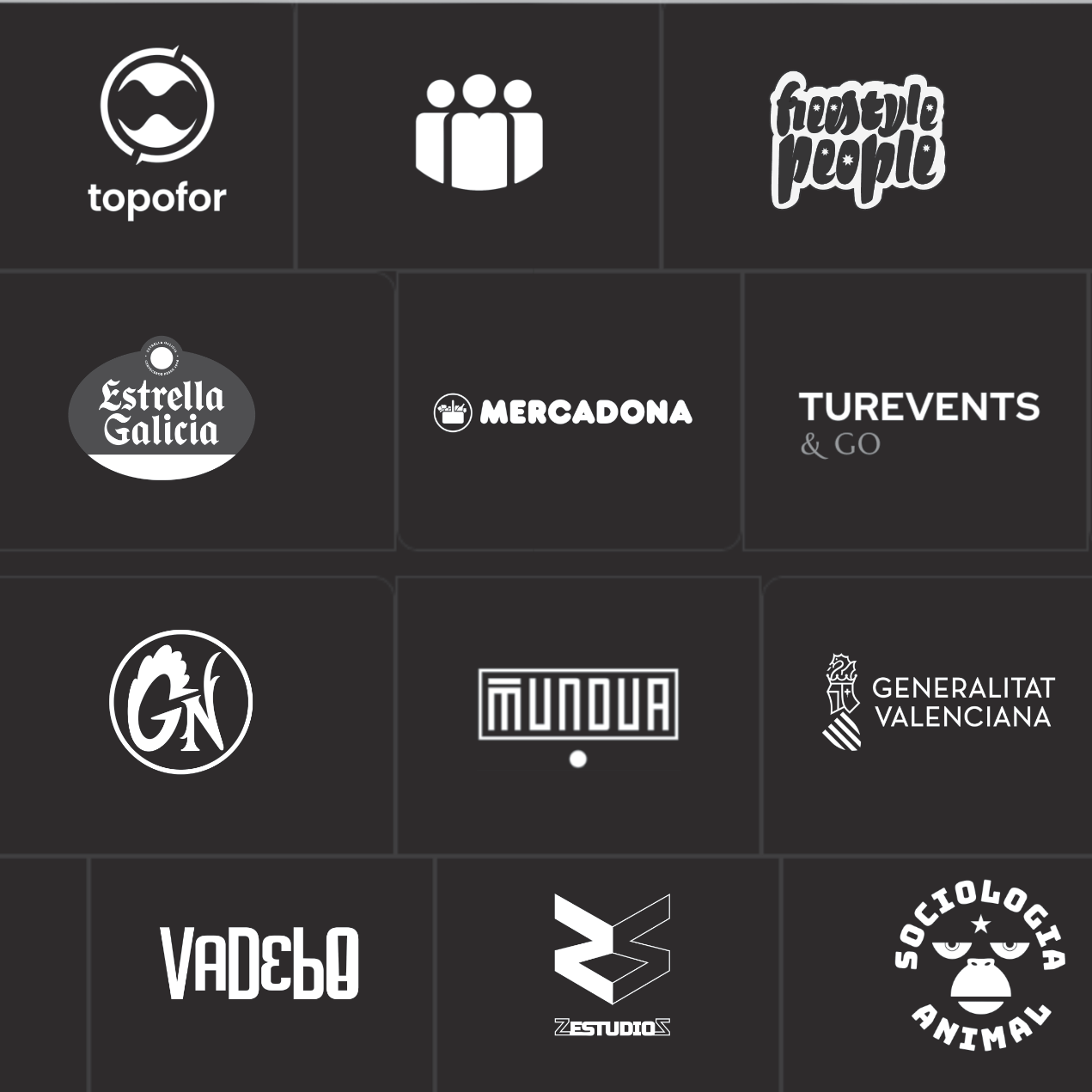 Logos de clientes: Topofor, Freestyle People, Estrella Galicia, Mercadona, Turevents & Go, Gallos del Norte, Mundua, Generalitat Valenciana, Vadebo, ZEstudios y Sociología Animal