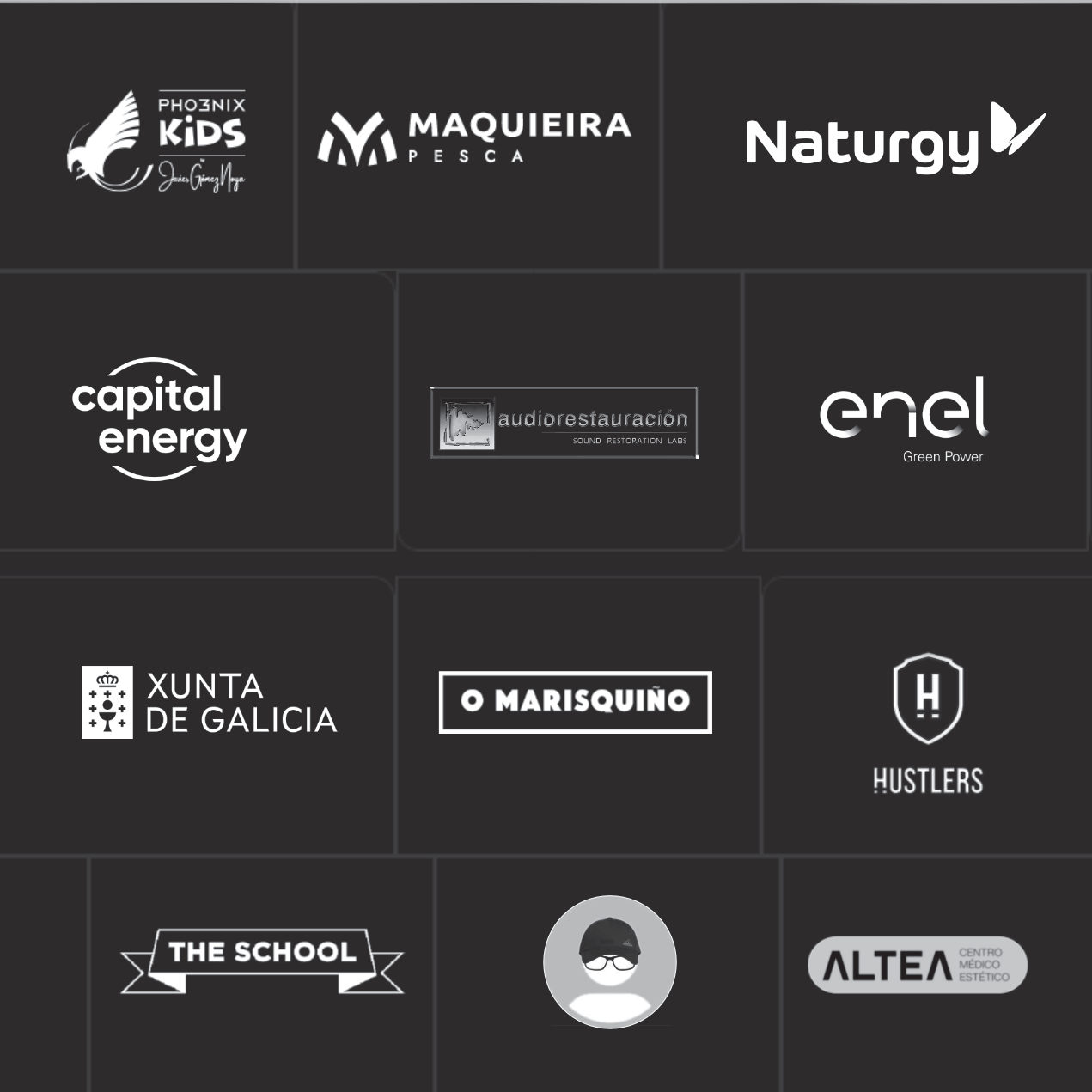 Logos de clientes: Phoenix Kids, Maquieira Pesca, Naturgy, Capital Energy, Audiorestauración, Enel Green Power, Xunta de Galicia, O Marisquiño, Hustlers, The School y Altea Centro Médico Estético